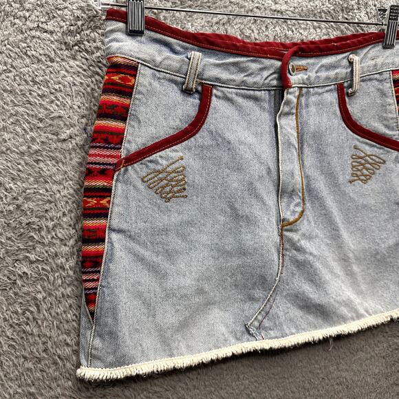 JOUJOU Denim Skirt Women's Small? Embroidered Native American Accents Distressed - Picture 3 of 9